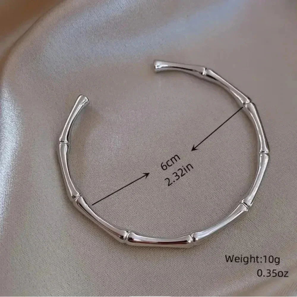 Silver Bamboo Bangle Bracelet Minimalist Open Cuff Stackable Modern NWT